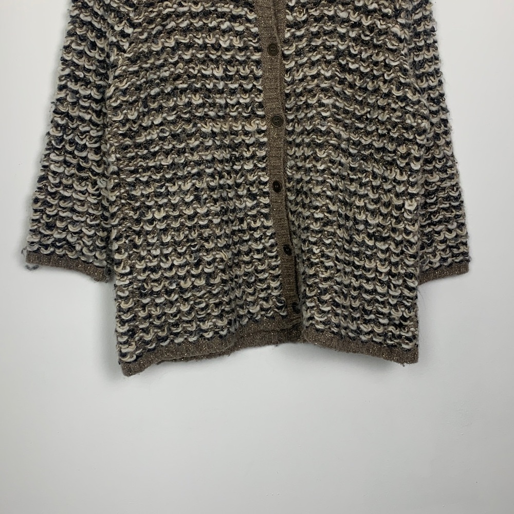 Textured Crochet Knit Button-Front Sweater Cardigan - Brown/Cream - Picture 5 of 10